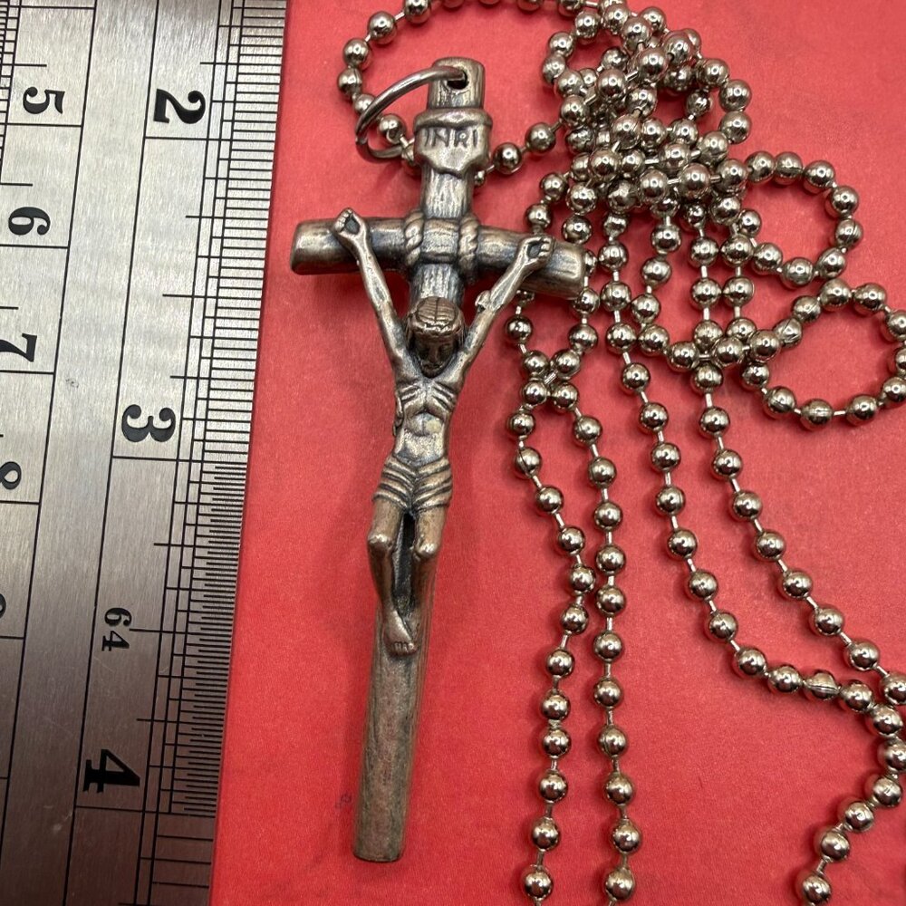 Vintage Silver Religious Medal Catholic Crucifix Cross Jesus Pendant Necklace